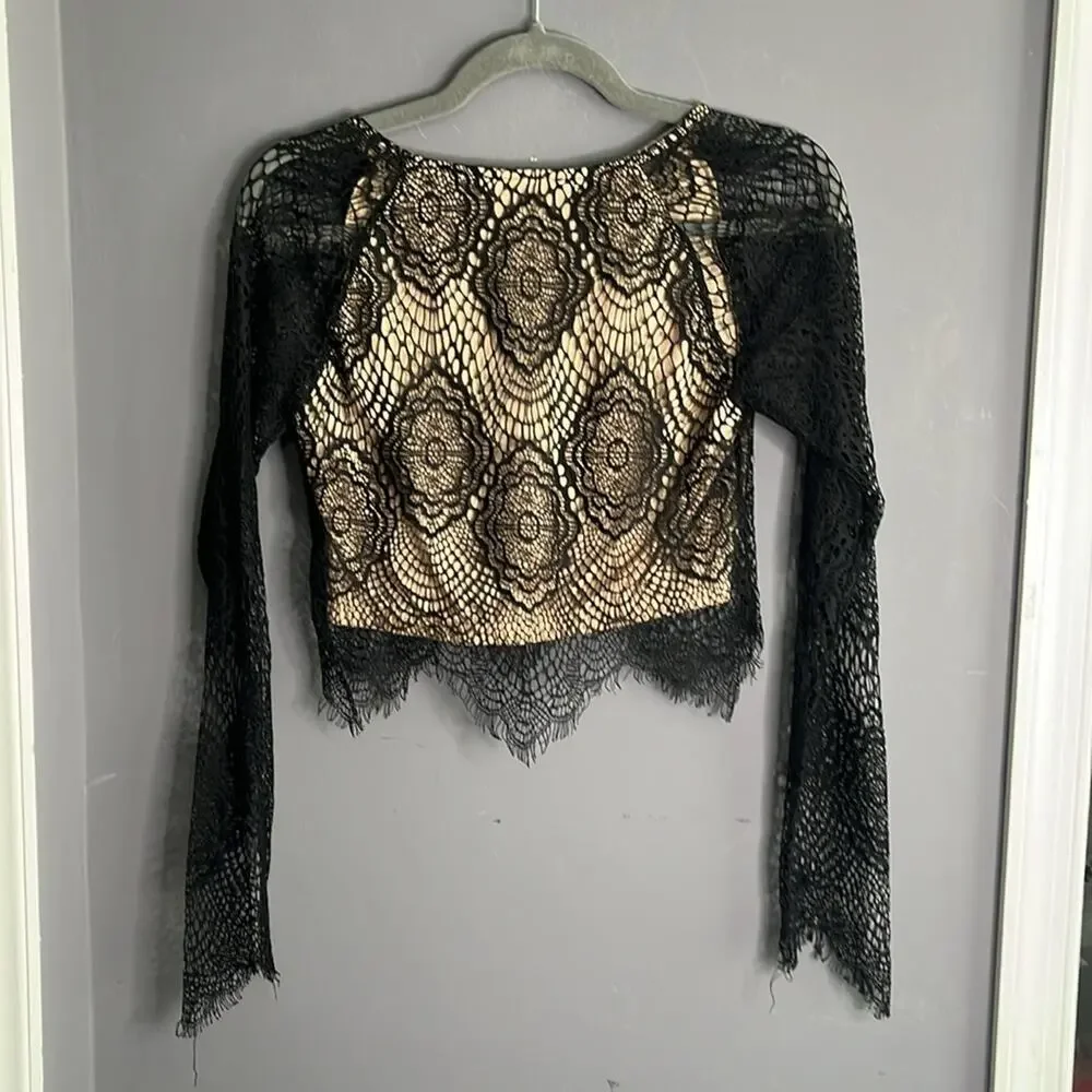 Luxxel Black Lace Cropped Top With Nude Lining Long Sleeves Medium